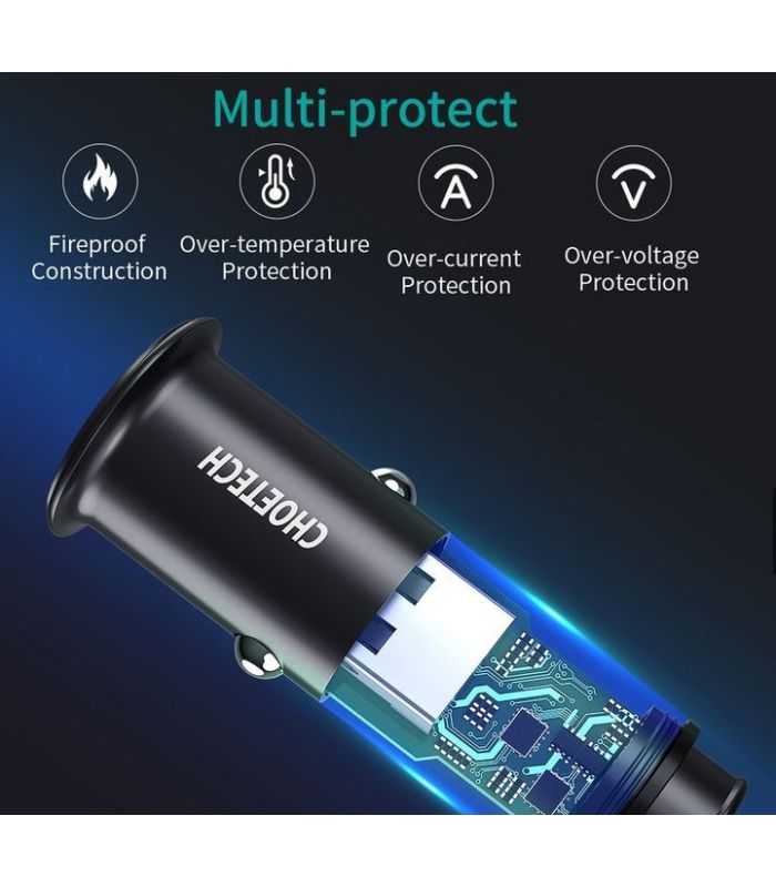 Incarcator Auto Choetech Tc0006 V2 1x Usb Type C 1x Usb A 30w Qc 30 Power Delivery Negru