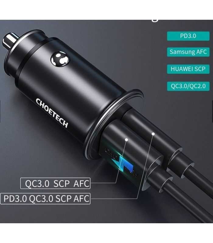 Incarcator Auto Choetech Tc0006 V2 1x Usb Type C 1x Usb A 30w Qc 30 Power Delivery Negru