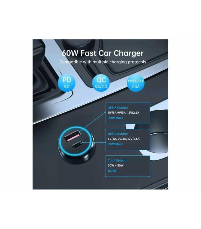 Incarcator Auto Choetech Tc0014 1x Usb Type C 1x Usb A Pd 60w Tc0014 Bk