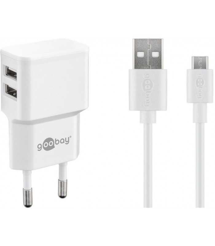 Incarcator de retea dual 2x USB cu cablu micro USB 2.4A alb Goobay