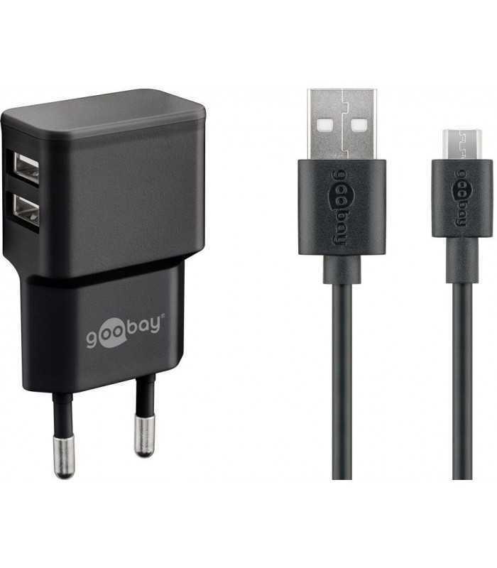 Incarcator de retea dual 2x USB cu cablu micro USB 2.4A negru Goobay