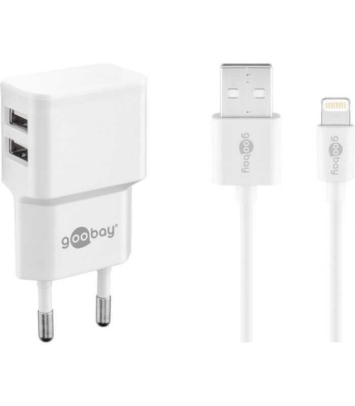 Incarcator dual Apple Lightning USB 2.4A 12W 1m alb Goobay