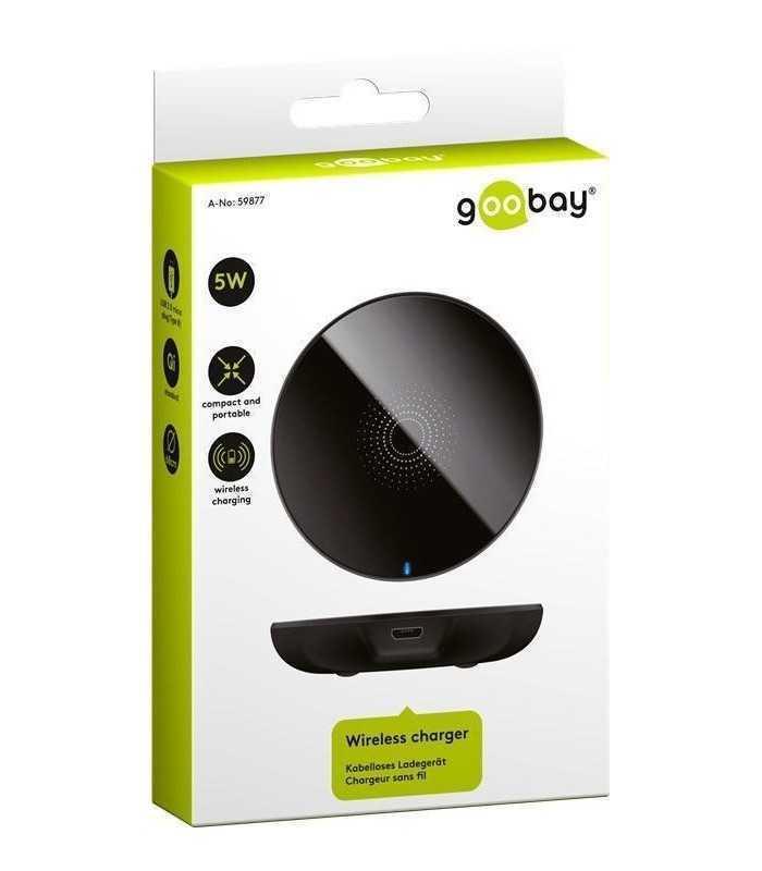 incarcator fara fir wireless 5w negru pentru telefoane inteligente si dispozitive standard qi goobay 5