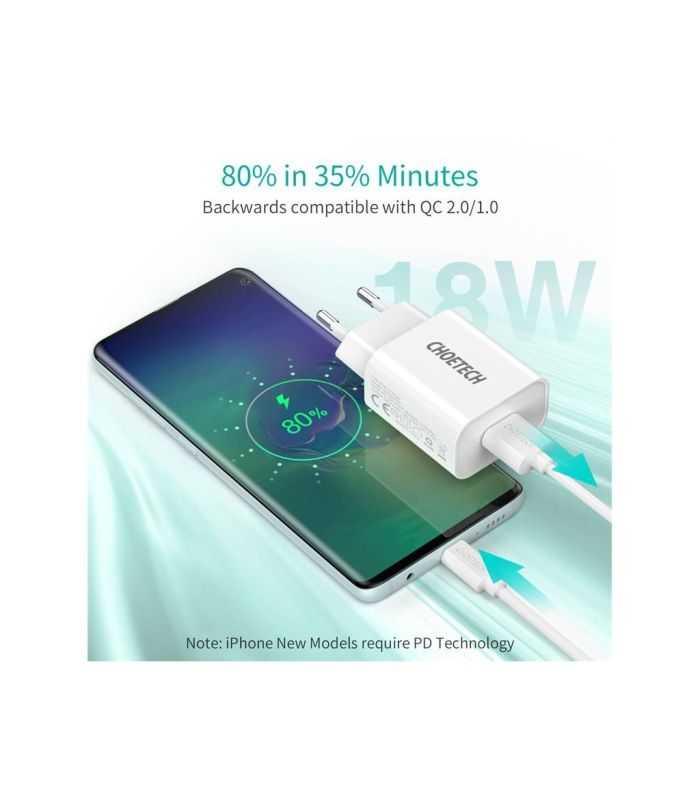 Incarcator Retea Choetech 1x Usb A Qc 30 18w Alb Q5003 Eu Wh