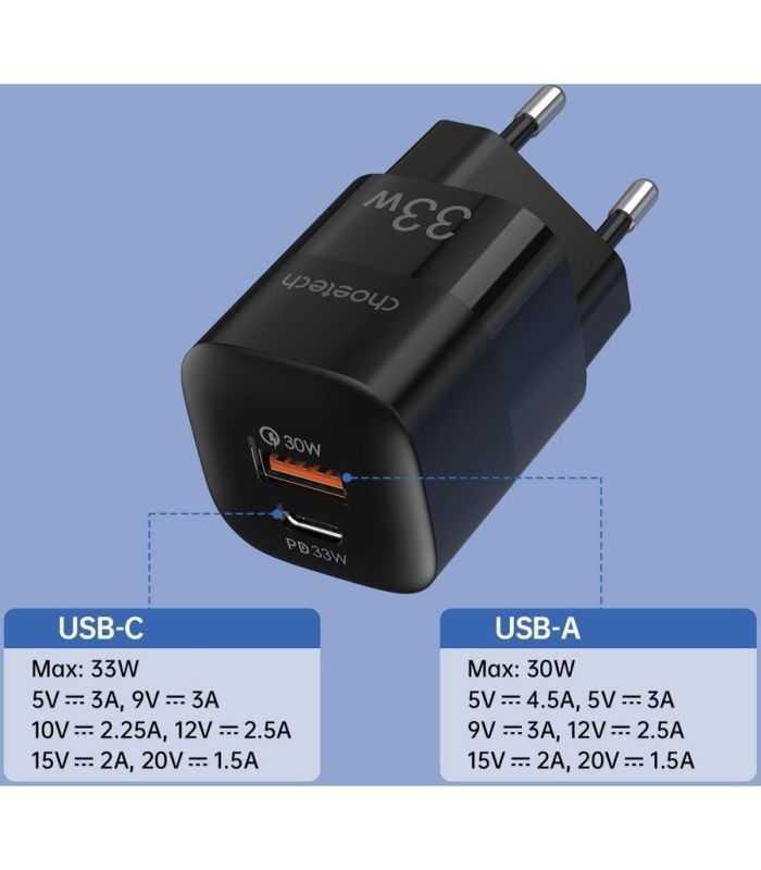 Incarcator Retea Choetech Pd5006 Eu Bk 33w 1x Usb Type C 1x Usb A