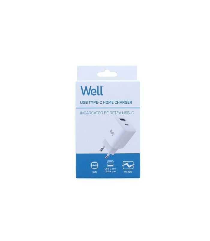 Incarcator Retea Usb Well Gan Usb Type C Pd30w Usb A 30w Pps 33w Alb