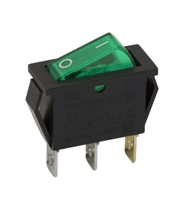 Interupator basculant 3 pini 1 circuit 10A 250V OFF-ON lumina verde cu retinere