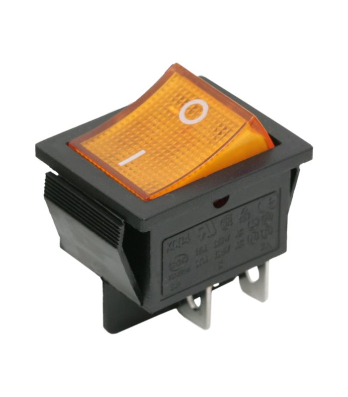 Interupator basculant 4 pini 1 circuit 16A 250V OFF-ON galben 21.7x28.5mm