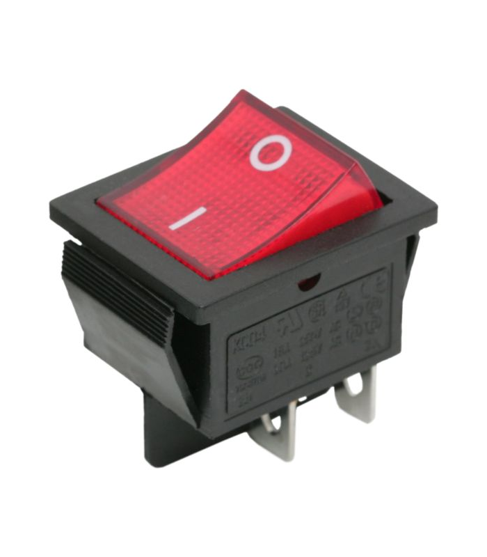 Interupator basculant 4 pini 1 circuit 16A 250V OFF-ON rosu 21.7x28.5mm