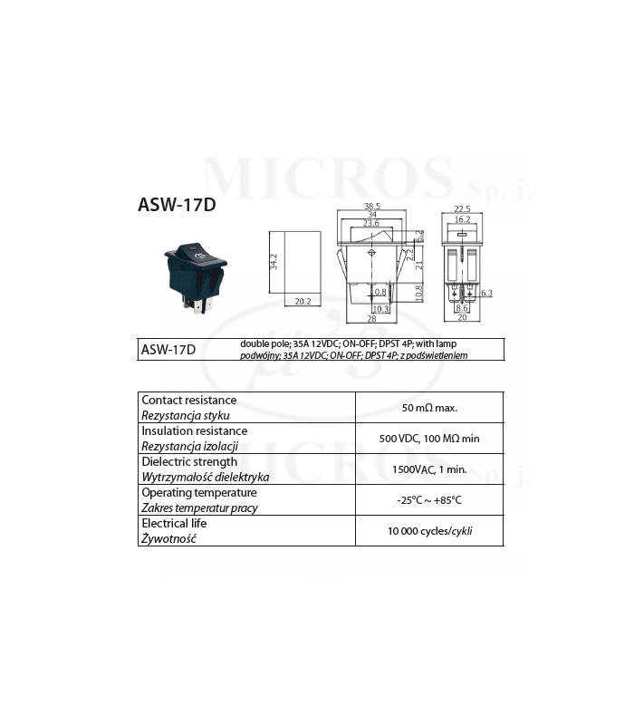 intrerupator cu bec pentru far auto asw 17 on off 4 pini 12v 35a cu retinere 2