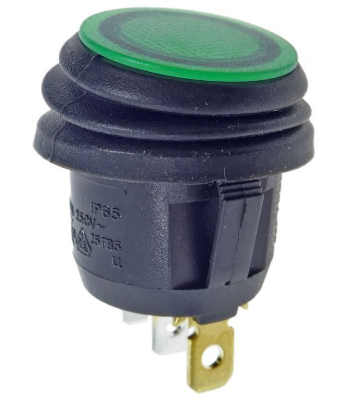 Intrerupator ROCKER SPST 2 pozitii OFF-ON cu retinere 10A/250VAC verde IP65 lampa cu neon ermetic SCI R13-112B8W-02-BGNN-0A-N2