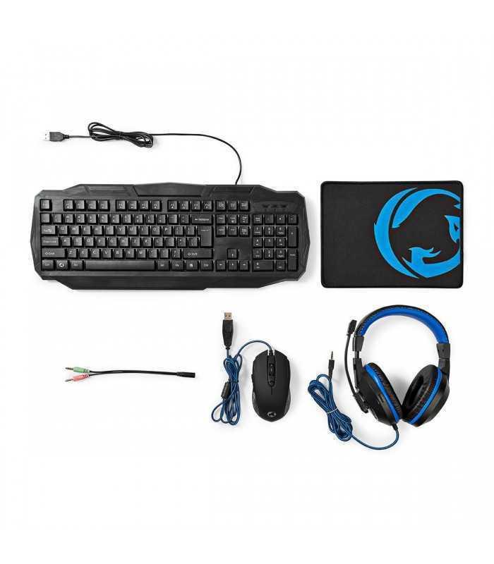 Kit Gaming cu fir 4 in 1 tastatura Casti Mouse MousePad Nedis