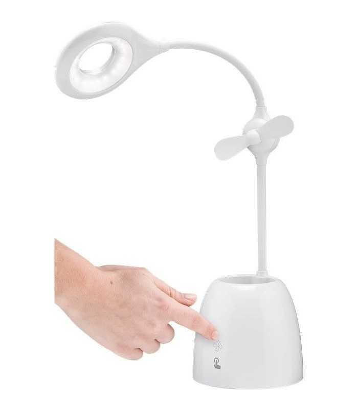 lampa de birou cu ventilator acumulator si suport de pixuri alba goobay 1