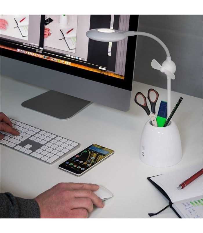 lampa de birou cu ventilator acumulator si suport de pixuri alba goobay 4