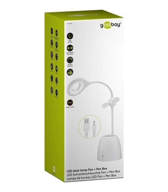 lampa de birou cu ventilator acumulator si suport de pixuri alba goobay 5