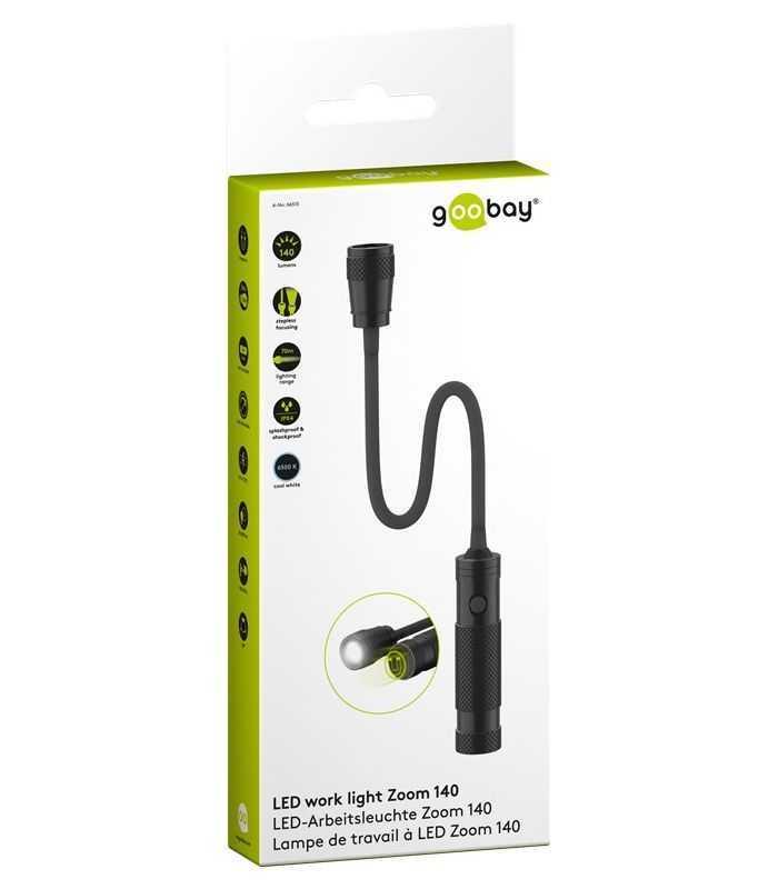 lampa led de lucru 3w 6500k lumina zoom 140lm 70m aluminiu magnet ipx4 3x aaa 515x30mm goobay 5