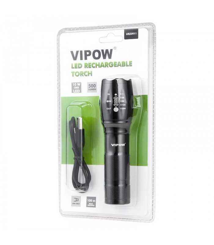 lanterna 10w led cu incarcare usb vipow 100m 375x138mm aluminiu 2