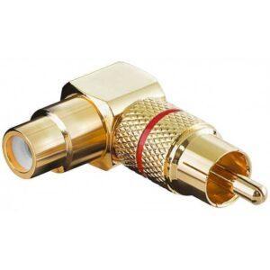 Mufa adaptor RCA mama - RCA tata cotit 90 grade aurita inel rosu Goobay