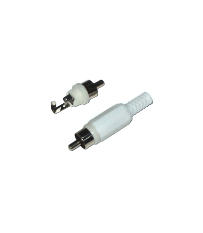 mufa rca tata din plastic alb cu protectie pentru cablu 1