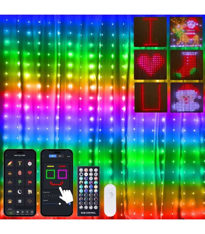 Perdea luminoasa inteligenta Bluetooth 5.0 Wi-Fi 400 LED RGBIC 16 milioane de culori 2x2m IP44