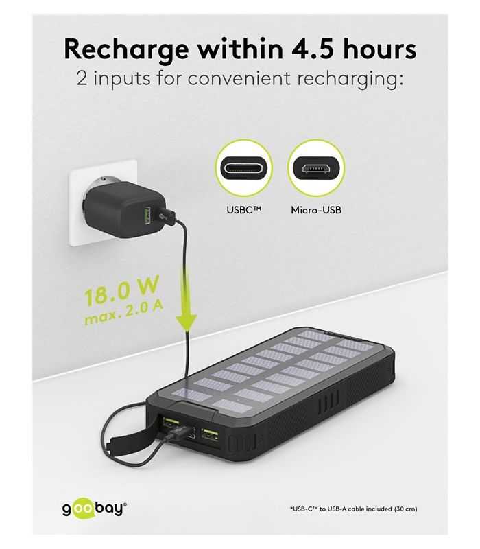 Power Bank Solar 20000mah Usb Type C Fast Charge Pd Qc30 53934 Goobay