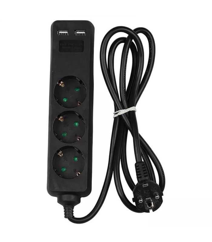 Prelungitor 3 prize + 2x USB 1.5m 3G1.5mm2 negru V-TAC SKU-8776