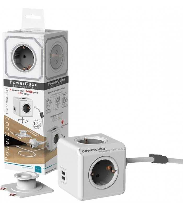 Prelungitor 4 prize CUB +2x USB lungime cablu 1.5m gri Allocacoc