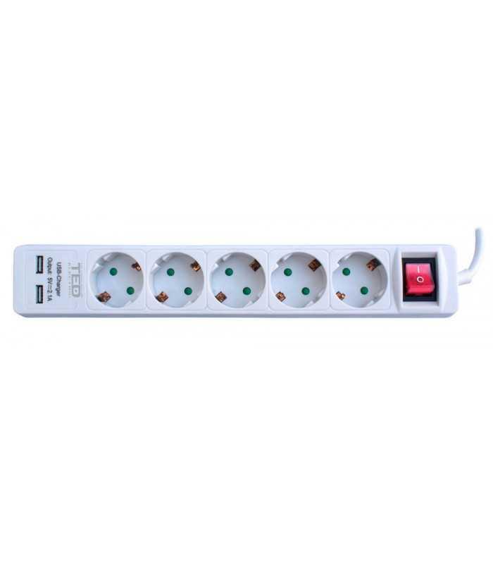 Prelungitor 5m 5 prize Schuko +2 iesiri USB 2.1A +intrerupator 3x1mm 10A 2300W TED