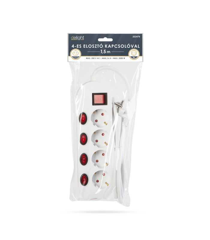 Prelungitor Cu 4 Prize Si Buton 41 250v 16a 3500w Conductor 3x150mm2 15m Alb Delight