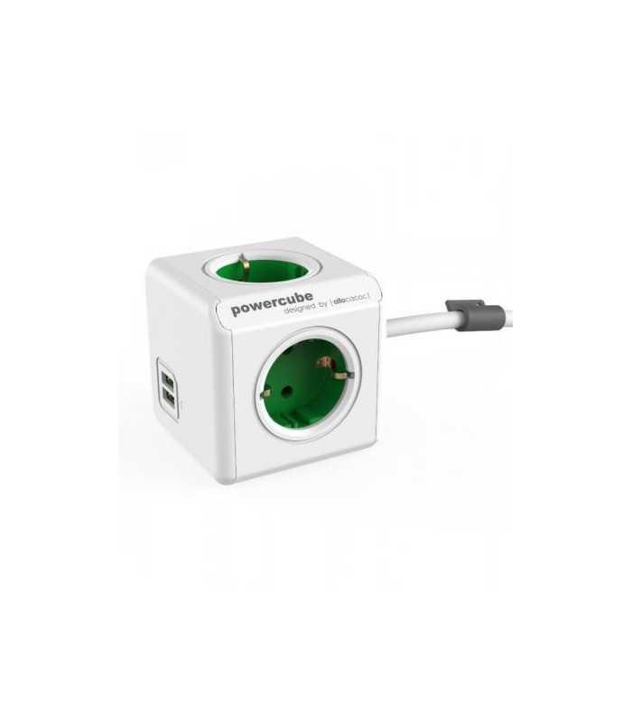 Prelungitor in forma de cub 4 prize 2x USB lungime cablu 1.5m alb/verde Allocacoc