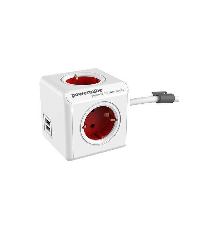 Prelungitor in forma de cub 4 prize 2x USB lungime cablu 1.5m rosu Allocacoc