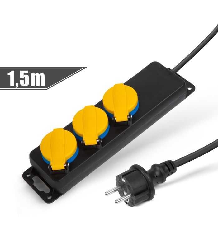Prelungitor pentru exterior cu capac 1.5m 3 prize 3x1.5mm2 IP44 negru Delight 20223C