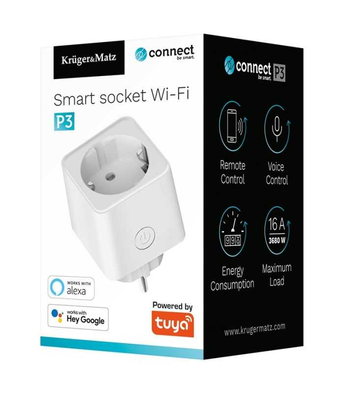 Priza Smart Wifi Connect P3 Tuya Krugermatz 3680w 16a Timer Masurare Consum De Energie