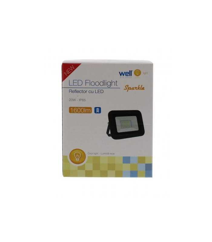 proiector led 20w 1600lm ip65 6500k alb rece carcasa aluminiu negru well 3