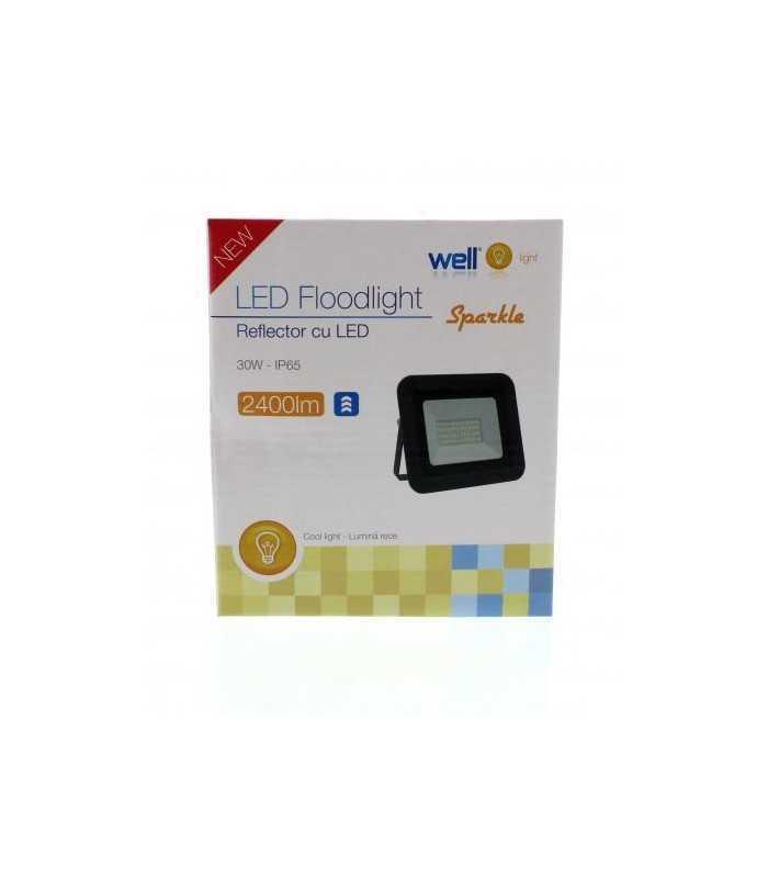 proiector led 30w 2400lm ip65 6500k alb rece carcasa aluminiu negru well 3