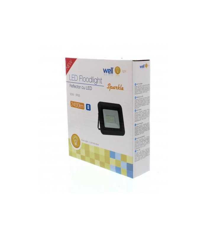 proiector led 30w 2400lm ip65 6500k alb rece carcasa aluminiu negru well 4