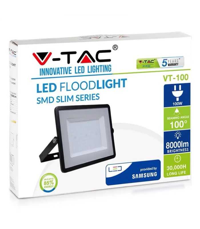 Reflector Led Smd 100w 8000lm 6400k Ip65 Negru Cu Cip Samsung V Tac Sku 414