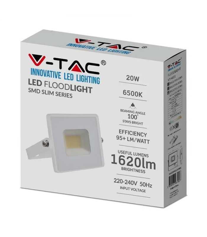 Reflector Led Smd 20w 6500k Alb Rece 1620lm Ip65 Alb V Tac Sku 215951