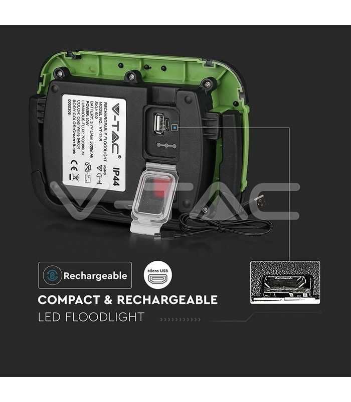 reflector portabil 10w ip44 4000k 700lm cu functie sos usb cip samsung v tac 8