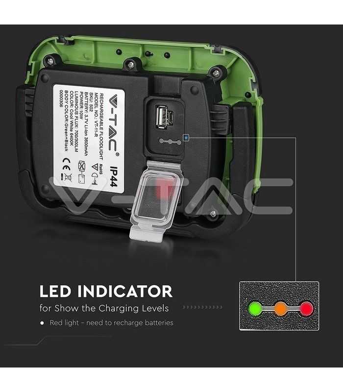 reflector portabil 10w ip44 4000k 700lm functie sos usb cip samsung v tac 4