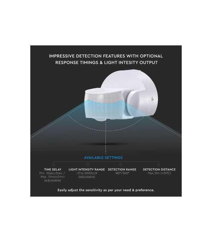 Senzor De Miscare 180 360 Grade 12m 1200w Alb V Tac