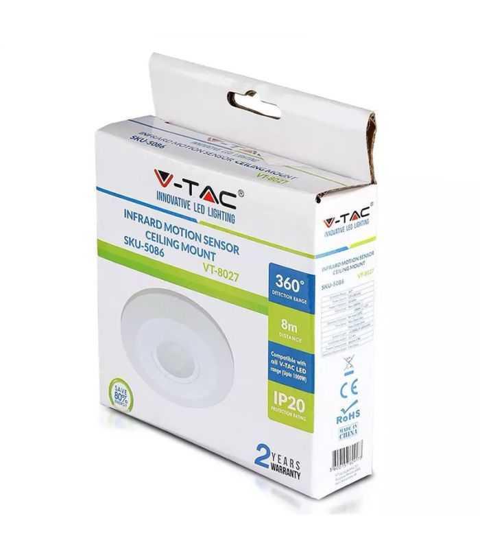 senzor miscare cu montaj pe tavan 360 grade alb max 2000w v tac 5