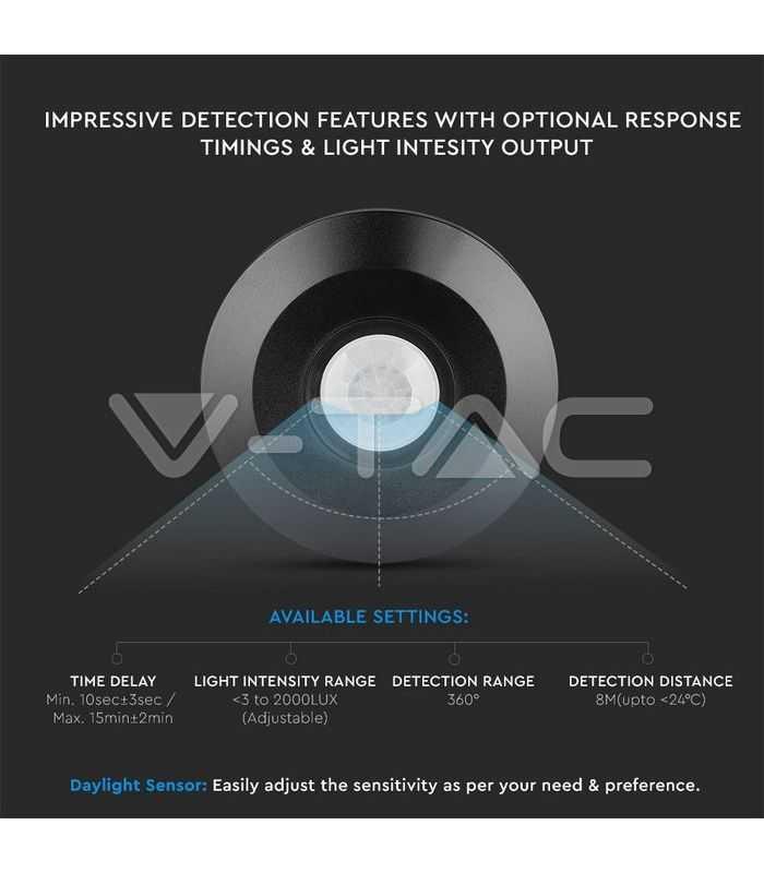 senzor miscare cu montaj pe tavan 360 grade negru max 2000w v tac 7