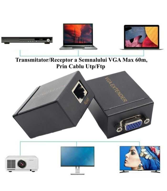 Set Adaptor Prelungire Vga Prin Rj45 Cat5 6 7 Maxim 60m 1080p 2buc Set