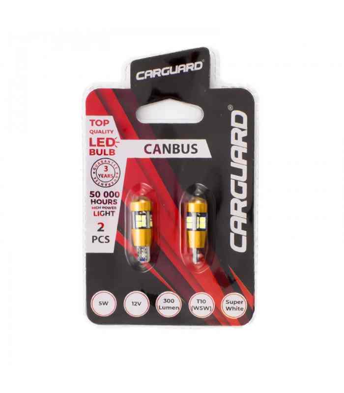 set becuri led smd t10 w5w 12v 5w 300lm alb pentru interior portbagaj canbus carguard 2buc 1
