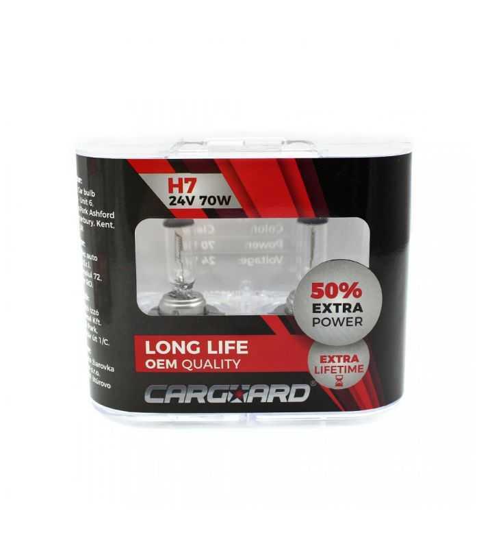 Set de 2 becuri Halogen 24V H7 70W +50% Intensitate LONG LIFE CARGUARD