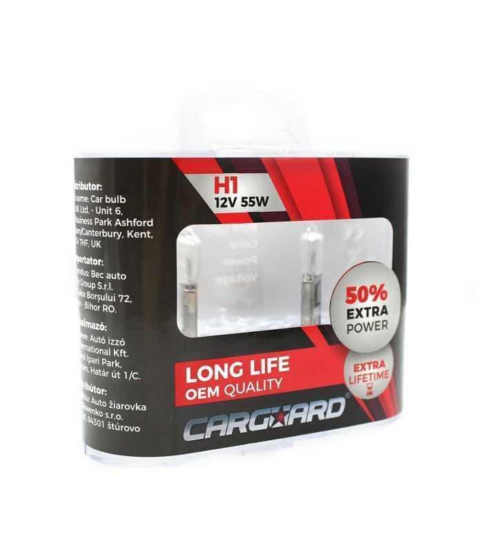 set de 2 becuri halogen h1 55w 50 intensitate long life 12v carguard 3