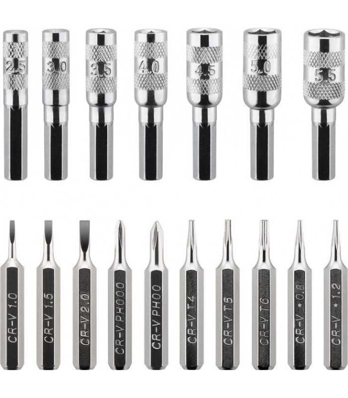 set surubelnita 17biti crv 3x capete plane 1mm 15mm 2mm 2x phillips ph000 ph00 3x torx t4 t5 t6 2x stele star 08 12 7x hexago 2