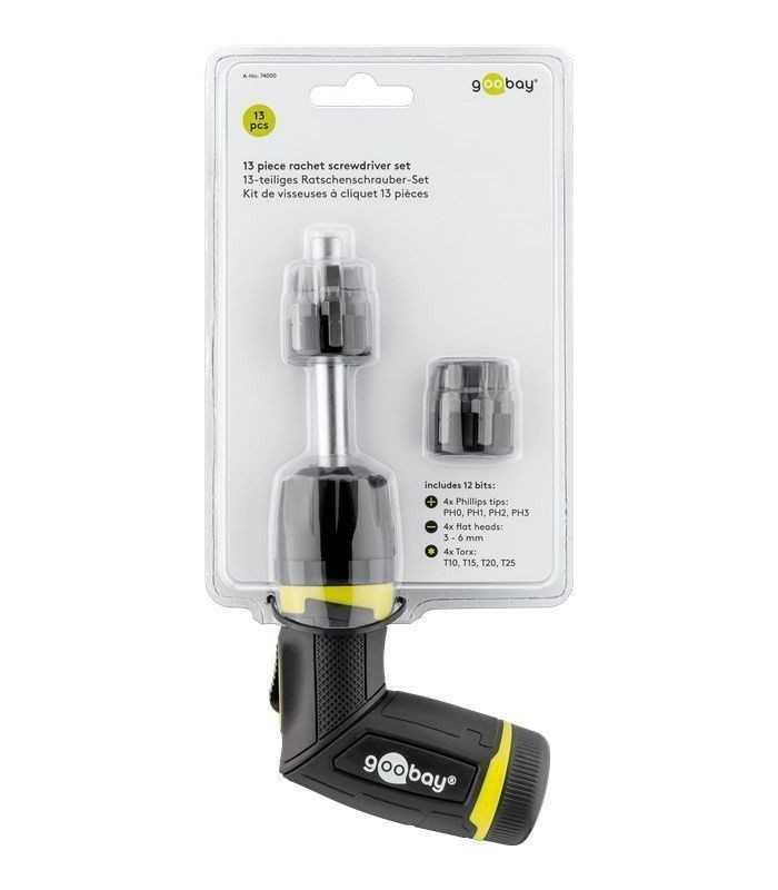 set surubelnita cu clichet 12biti crv 4x phillips ph0 ph1 ph2 ph3 capete plane 4x 3mm 4mm 5mm 6mm 4x torx t10 t15 t20 t25 goobay 4