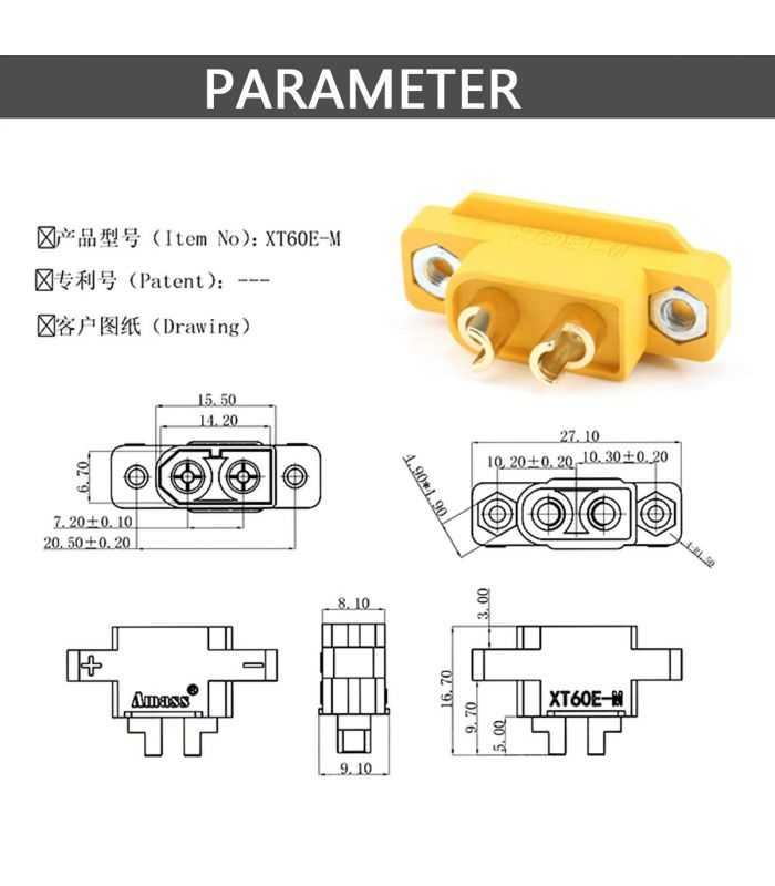 Soclu alimentare DC XT60 tata 2pini lipire montare pe panou 30A 500V galbena AMASS XT60E1-M / XT60E-M 9 Soclu Alimentare Dc Xt60 Tata 2pini Lipire Montare Pe Panou 30a 500v Galbena Amass Xt60e1 M Xt60e M